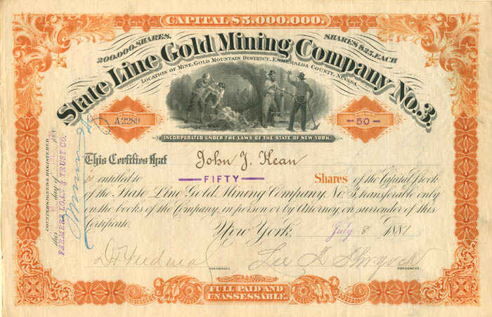 State Line Gold Mining Co. No. 3 - Stock Certificate